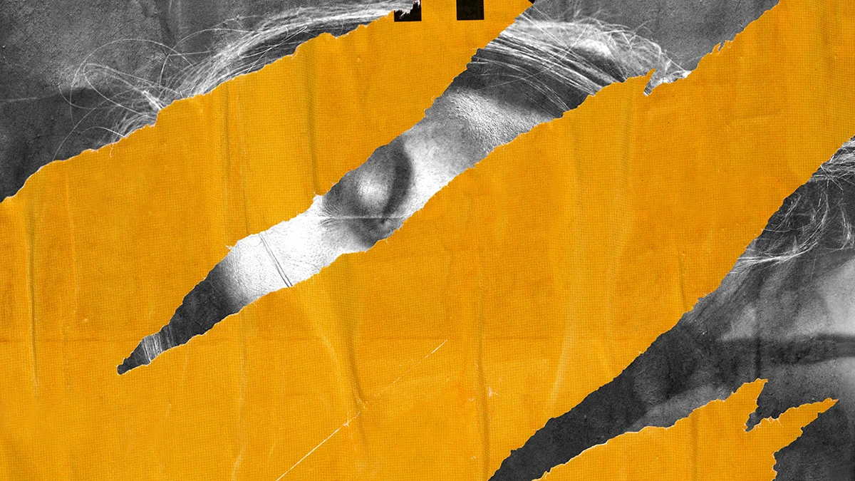 A torn up poster of a woman in black and white